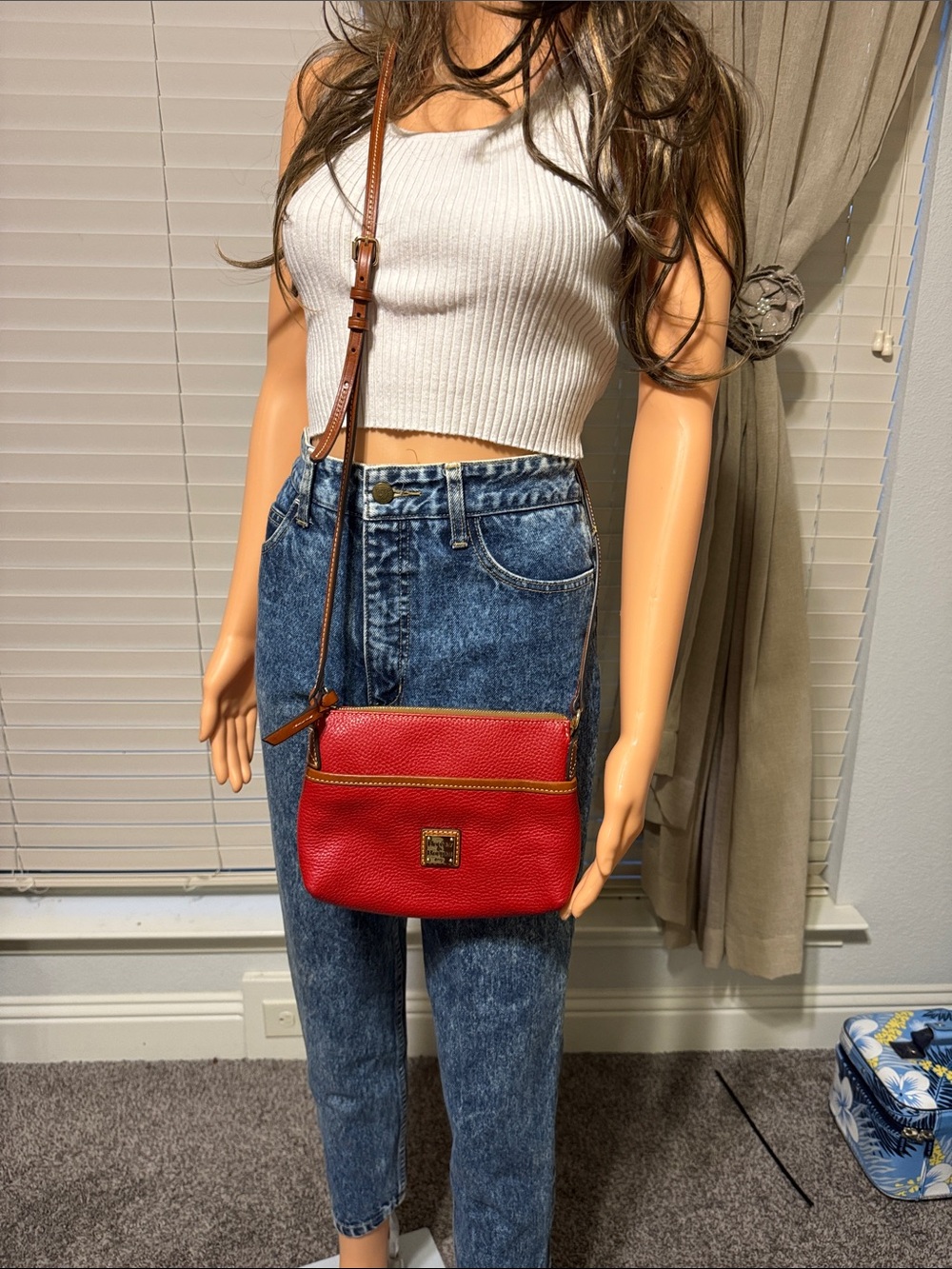 Dooney & Bourke Red Pebble Leather Crossbody with Brown Strap